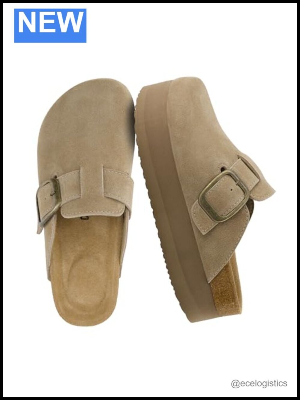 Genuine Suede Cork Footbed Platform Clog with Reinforced Buckle, Comfort, Wide